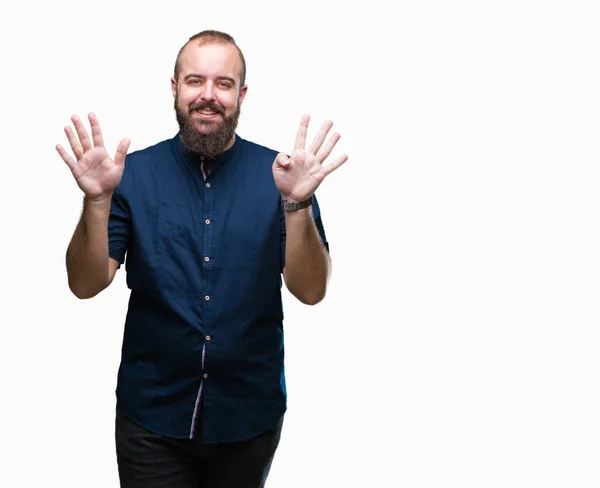 Young Caucasian Hipster Man Isolated Background Showing Pointing Fingers Number — Stock Photo, Image