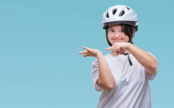 Young Adult Cyclist Woman Syndrome Wearing Safety Helmet Isolated Background — Stock Photo, Image