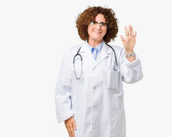 Middle Ager Senior Doctor Woman Isolated Background Waiving Saying Hello — Stock Photo, Image