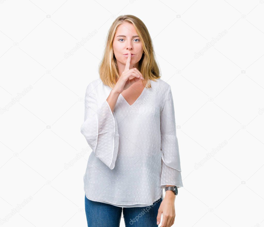 Beautiful young elegant woman over isolated background asking to be quiet with finger on lips. Silence and secret concept.