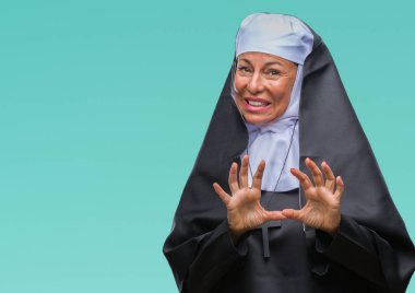 Orta yaş üst düzey Hıristiyan Katolik Rahibe kadın izole arka plan yüzünden tiksinti ifadesi, memnun ve korkulu tiksinti yüz yapıyorsun çünkü nefret tepki. Elleriyle kaldırdı. Sinir bozucu kavramı.