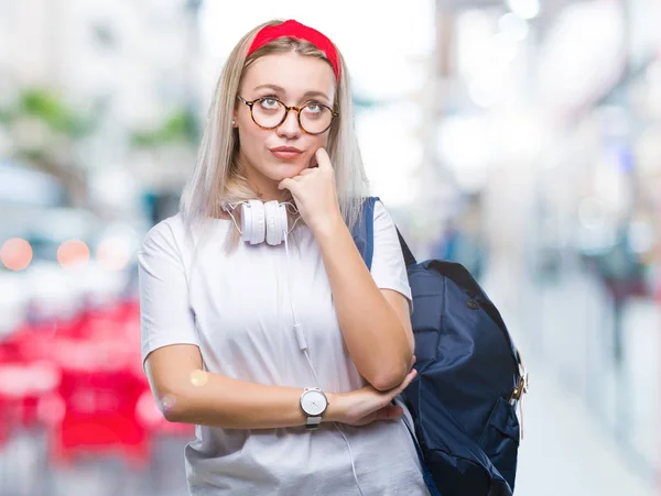 Jonge Blonde Student Vrouw Dragen Bril Rugzak Geïsoleerde Achtergrond Met — Stockfoto