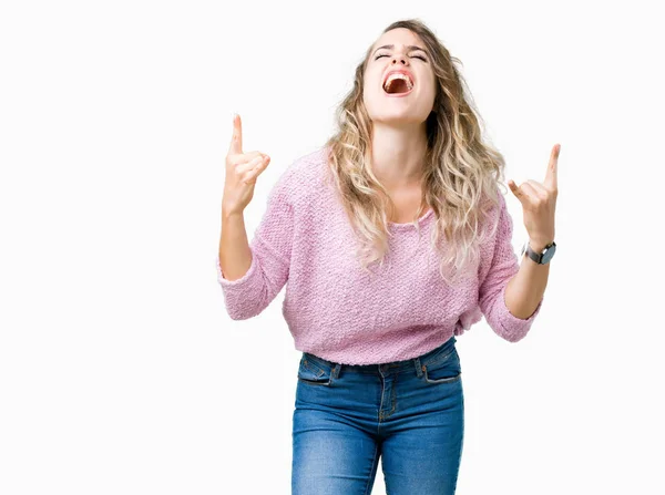 Linda Jovem Loira Sobre Fundo Isolado Gritando Com Expressão Louca — Fotografia de Stock