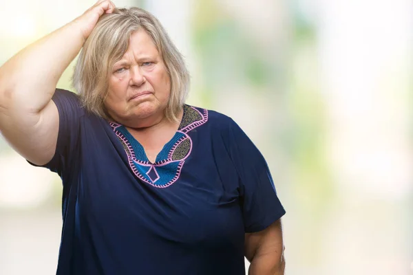 Senior Más Tamaño Mujer Caucásica Sobre Fondo Aislado Confundir Preguntarse — Foto de Stock