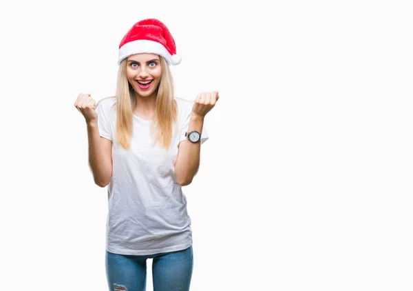 Jovem Linda Mulher Loira Chapéu Natal Sobre Fundo Isolado Celebrando — Fotografia de Stock