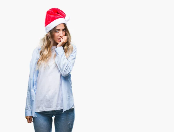 Krásná Mladá Blond Žena Nosí Vánoční Čepice Izolované Pozadí Pohledu — Stock fotografie