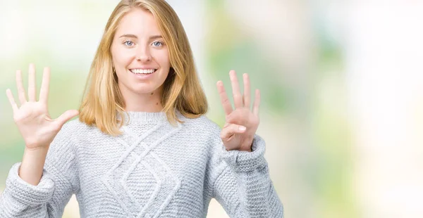 스웨터 배경에 보여주는 손가락으로 가리키는 자신감과 — 스톡 사진