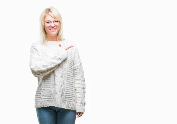 Junge Schöne Blonde Frau Trägt Winterpullover Und Brille Über Isoliertem — Stockfoto