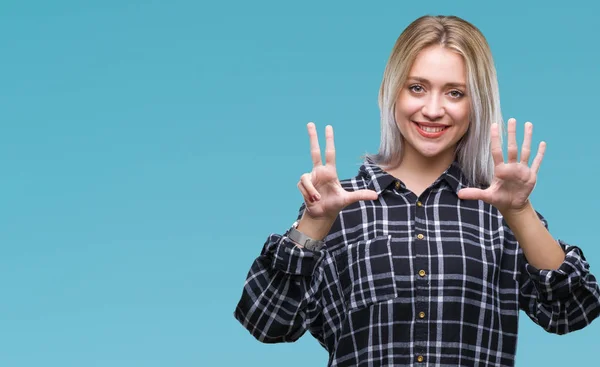 Young Blonde Woman Isolated Background Showing Pointing Fingers Number Eight — Stock Photo, Image