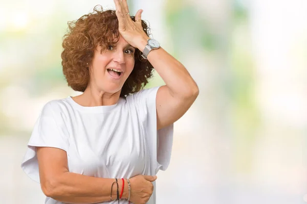 Hermosa Mujer Mediana Edad Ager Vistiendo Camiseta Blanca Sobre Fondo —  Fotos de Stock