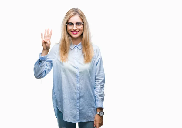 Jovem Mulher Negócios Loira Bonita Usando Óculos Sobre Fundo Isolado — Fotografia de Stock