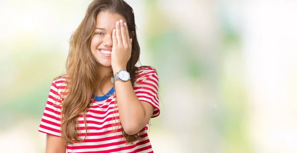 Young Beautiful Brunette Woman Wearing Stripes Shirt Isolated Background Covering — Stock Photo, Image