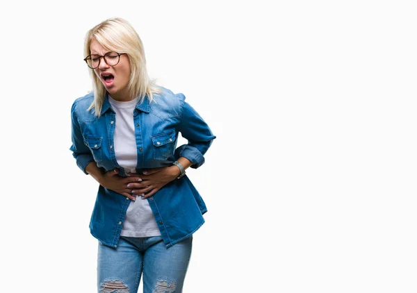 Jovem Mulher Loira Bonita Usando Óculos Sobre Fundo Isolado Com — Fotografia de Stock