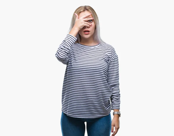 Young Blonde Woman Isolated Background Peeking Shock Covering Face Eyes — Stock Photo, Image