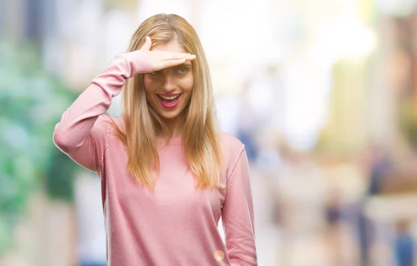 Jonge Mooie Blonde Vrouw Roze Winter Trui Dragen Geïsoleerd Achtergrond — Stockfoto