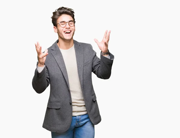 Jovem Homem Negócios Vestindo Óculos Sobre Fundo Isolado Celebrando Louco — Fotografia de Stock