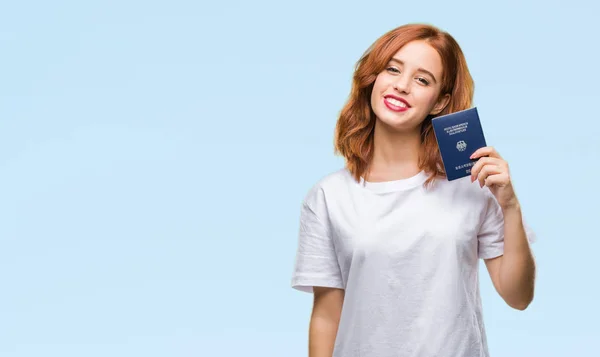 Joven Mujer Hermosa Sosteniendo Pasaporte Alemania Sobre Fondo Aislado Con — Foto de Stock