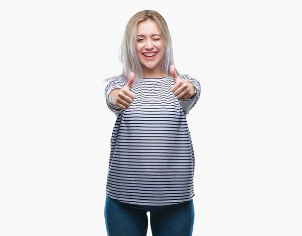 Young Blonde Woman Isolated Background Approving Doing Positive Gesture Hand — Stock Photo, Image