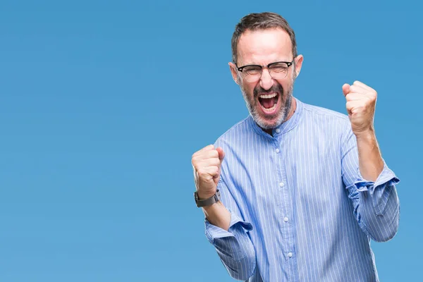 Hombre Mediana Edad Con Gafas Sobre Fondo Aislado Muy Feliz — Foto de Stock
