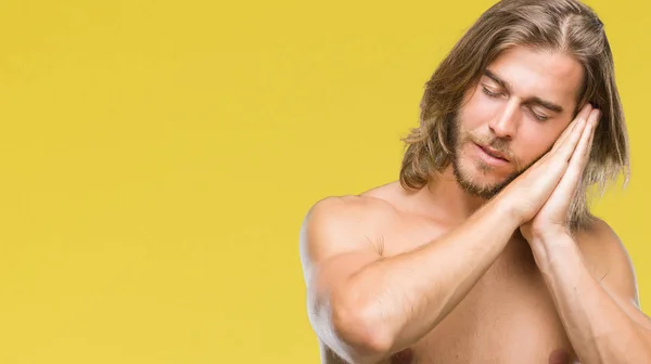 Junge Hübsche Mann Ohne Hemd Mit Langen Haaren Zeigt Sexy — Stockfoto