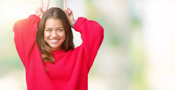 Young Beautiful Brunette Woman Wearing Red Winter Sweater Isolated Background — Stock Photo, Image