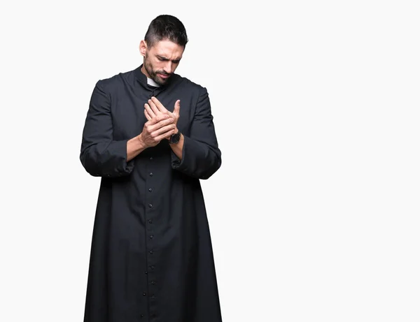 Junger Christlicher Priester Mit Isoliertem Hintergrund Leidet Unter Schmerzen Händen — Stockfoto