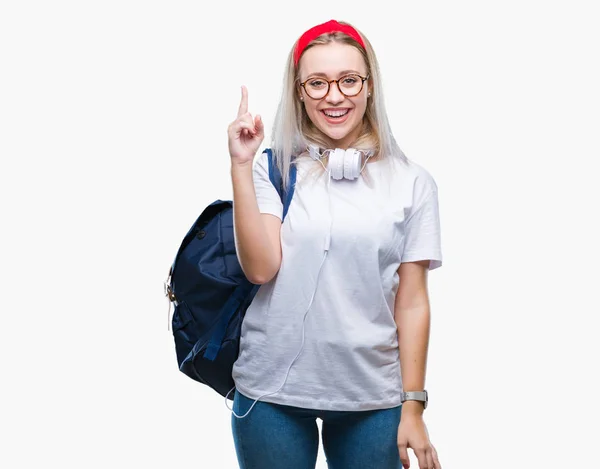 Jovem Estudante Loira Usando Óculos Mochila Sobre Fundo Isolado Apontando — Fotografia de Stock