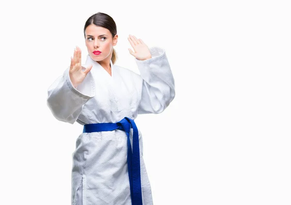 Young Beautiful Woman Wearing Karate Kimono Uniform Isolated Background Smiling — Stock Photo, Image