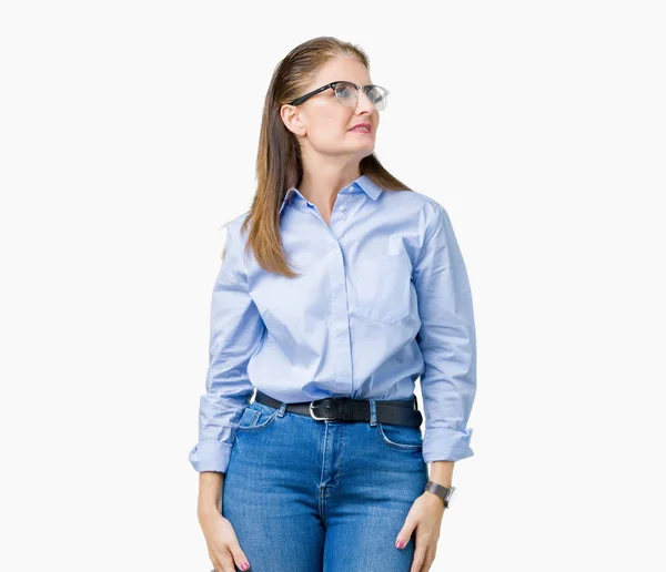 Kobieta Biznesu Dojrzałe Piękne Średnim Wieku Okularach Białym Tle Patrząc — Zdjęcie stockowe