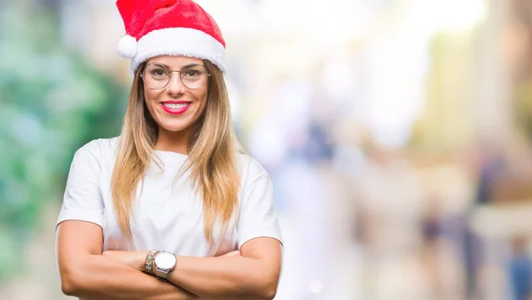 Jeune Belle Femme Portant Chapeau Noël Sur Fond Isolé Visage — Photo