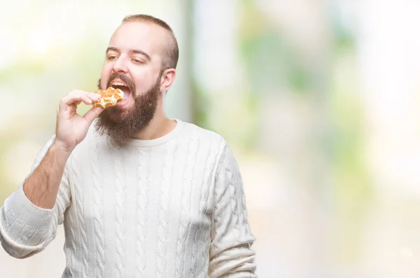 Young Caucasian Hipster Man Eating Sweet Waffle Isolated Background Confident — Stock Photo, Image