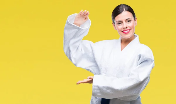 Junge Schöne Frau Karate Kimono Uniform Über Isoliertem Hintergrund Gestikulierend — Stockfoto