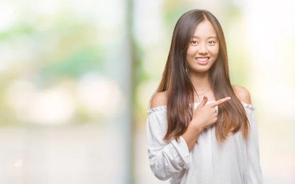 Young Asian Woman Isolated Background Cheerful Smile Face Pointing Hand — Stock Photo, Image