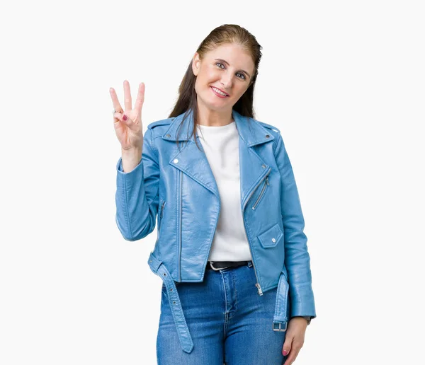 Hermosa Mujer Madura Mediana Edad Con Chaqueta Cuero Moda Sobre —  Fotos de Stock