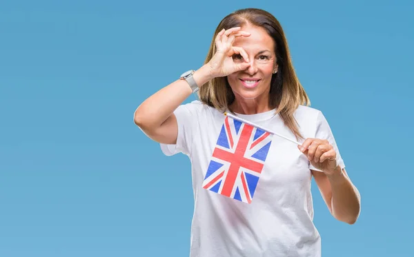 스페인 손으로 손가락을 표시를 얼굴로 영국의 국기를 — 스톡 사진
