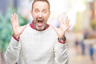 Arka plan deli kutluyor üzerinde kış kazak giyen orta yaş ağarmış komuta sizde izole ve crazy arms ile başarı için kaldırdı ve heyecanlı çığlık gözler kapalı. Kazanan kavramı