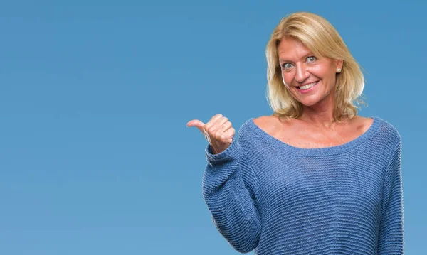 Middle Age Blonde Woman Wearing Winter Sweater Isolated Background Smiling — Stock Photo, Image