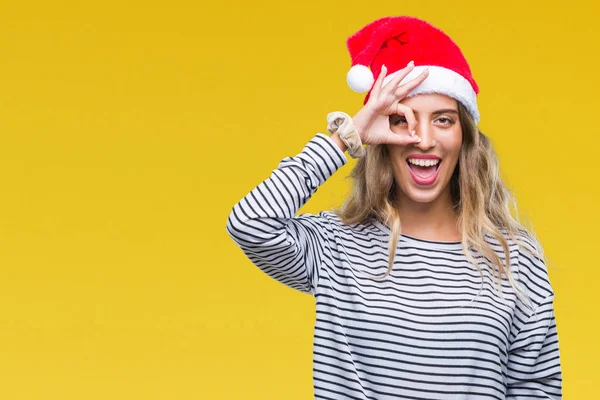 Linda Jovem Loira Usando Chapéu Natal Sobre Fundo Isolado Fazendo — Fotografia de Stock