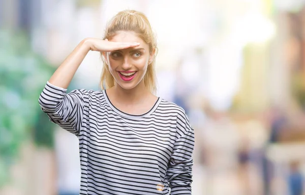 Jonge Mooie Blonde Vrouw Strepen Trui Dragen Geïsoleerd Achtergrond Erg — Stockfoto