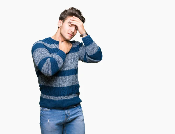 Joven Hombre Guapo Sobre Fondo Aislado Tocando Frente Para Enfermedad —  Fotos de Stock