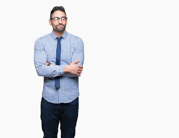 Joven Hombre Negocios Con Gafas Sobre Fondo Aislado Sonriendo Mirando — Foto de Stock