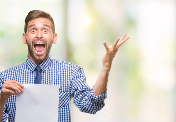 Young Handsome Man Holding Blank Paper Isolated Background Very Happy — Stock Photo, Image