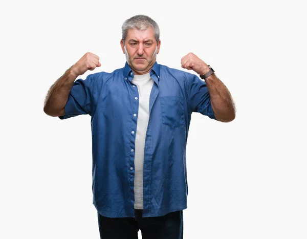 Hombre Mayor Guapo Sobre Fondo Aislado Mostrando Los Músculos Los —  Fotos de Stock