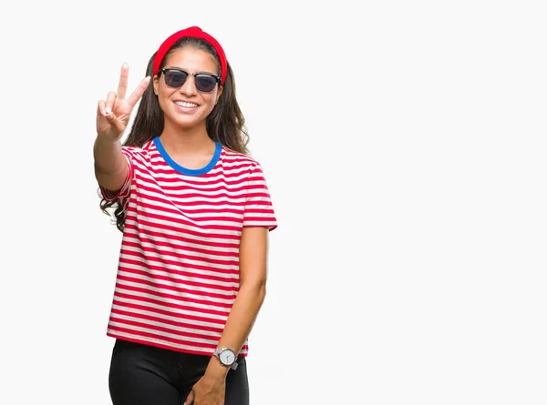 Young Beautiful Arab Woman Wearing Sunglasses Isolated Background Smiling Happy — Stock Photo, Image