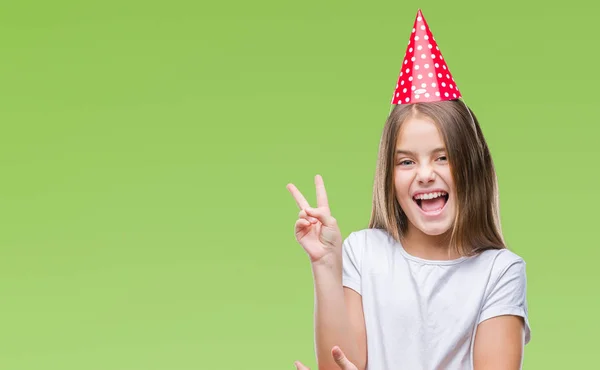 Young Beautiful Girl Wearing Birthday Cap Isolated Background Smiling Happy — Stock Photo, Image