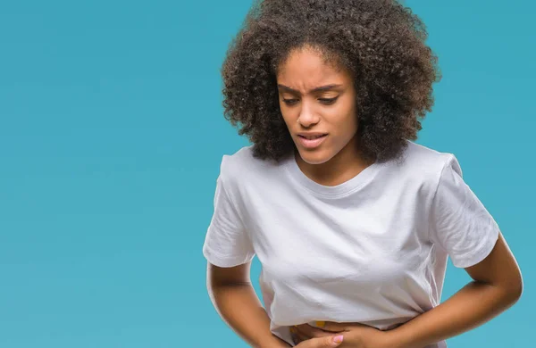 Mujer Afroamericana Joven Sobre Fondo Aislado Con Mano Estómago Porque — Foto de Stock