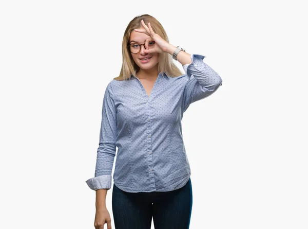 Young Caucasian Business Woman Wearing Glasses Isolated Background Doing Gesture — Stock Photo, Image