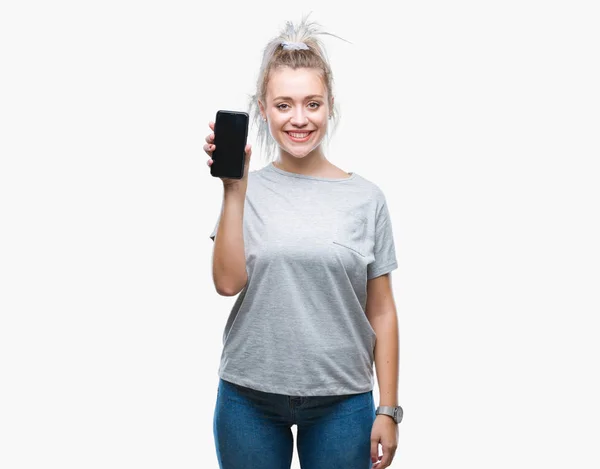 Young Blonde Woman Showing Screen Smartphone Isolated Background Happy Face — Stock Photo, Image