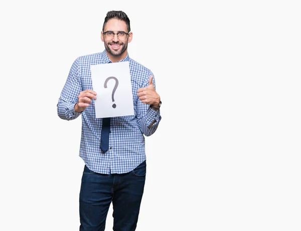 Handsome Young Business Man Holding Paper Question Mark Isolated Background — Stock Photo, Image