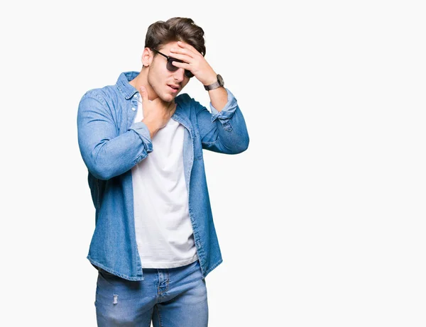 Young Handsome Man Wearing Sunglasses Isolated Background Touching Forehead Illness — Stock Photo, Image